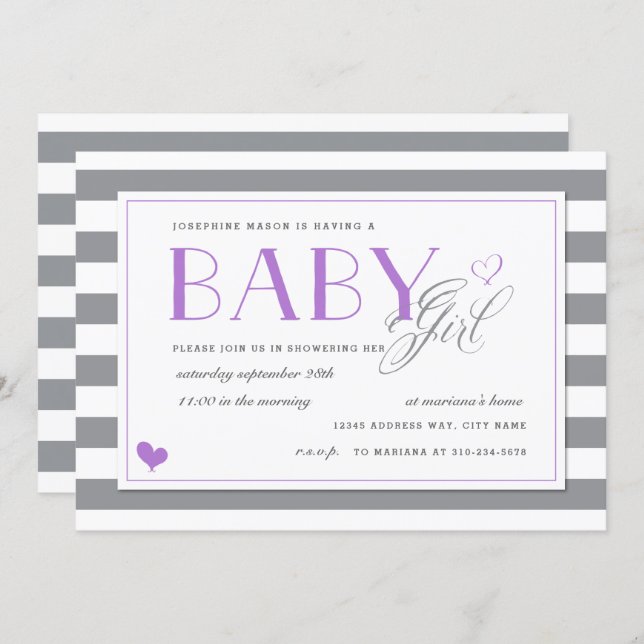 Grey & White Stripe Baby Shower + Lavender Purple Invitation (Front/Back)