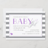 Grey & White Stripe Baby Shower + Lavender Purple Invitation (Front)