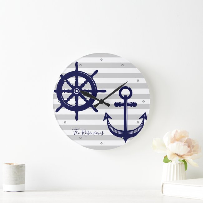 Grey White Stripe Navy Anchor Ship Wheel Nautical