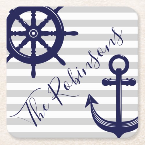 Grey White Stripe Navy Anchor Ship Wheel Nautical Square Paper Coaster