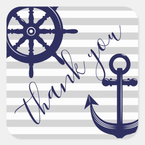 Grey White Stripe Navy Anchor Ship Wheel Nautical Square Sticker