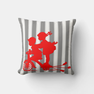 Grey & White Stripe with Kids Riding Tricycle Throw Pillow