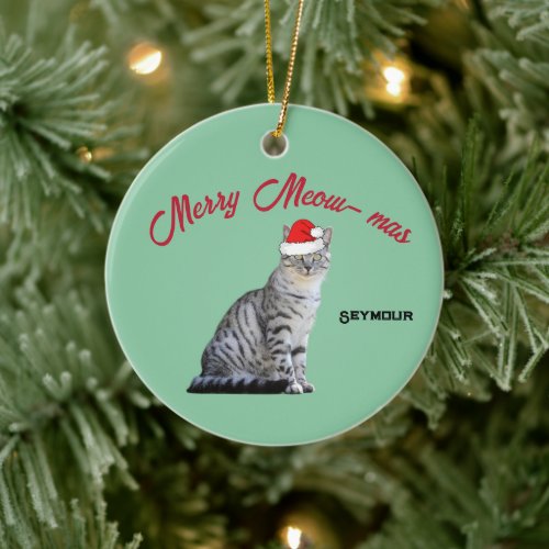 Grey White Striped Cat wearing a Santa Hat    Ceramic Ornament