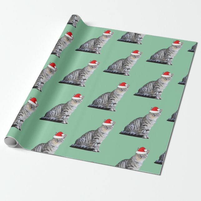 Grey White Striped Cat wearing a Santa Hat   Wrapping Paper (Unrolled)