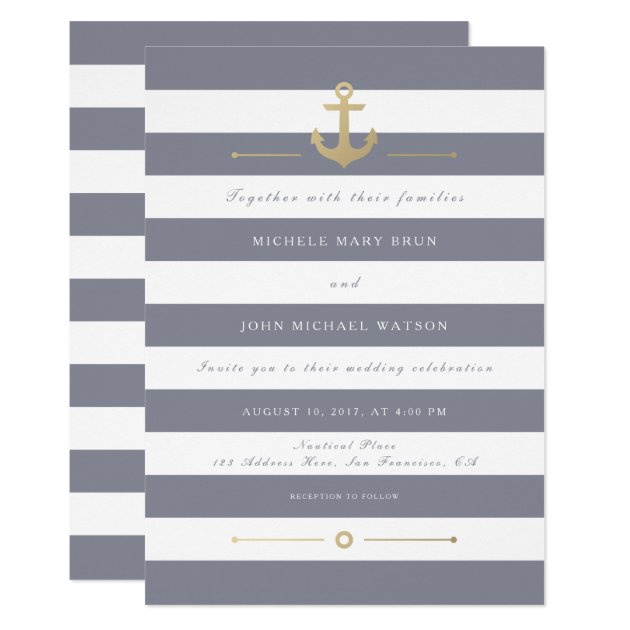 Grey White Striped Nautical Wedding Invitation