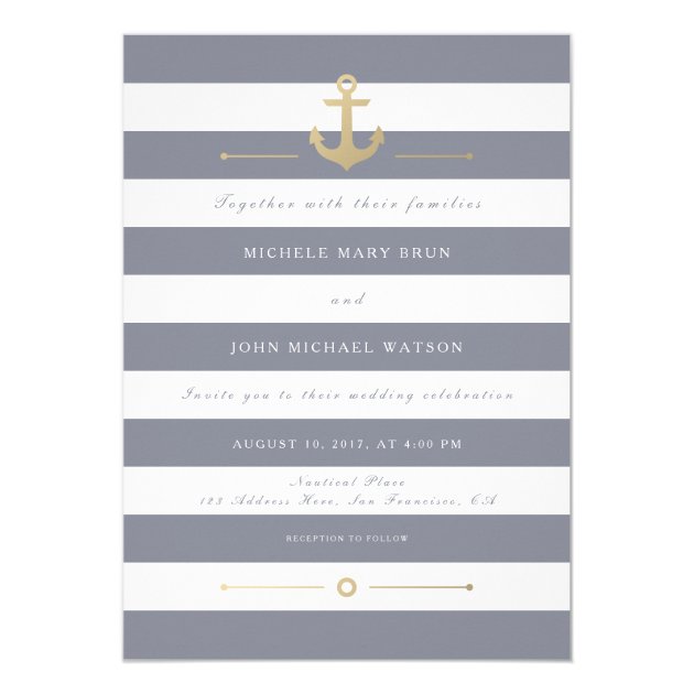 Grey White Striped Nautical Wedding Invitation