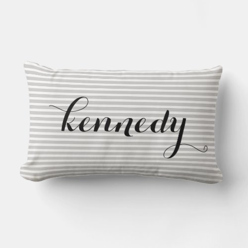 Grey White Stripes Custom Monogram Lumbar Pillow