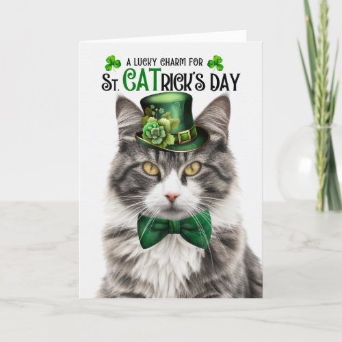 Grey White Tabby Cat St CATricks Day Lucky Charm Holiday Card