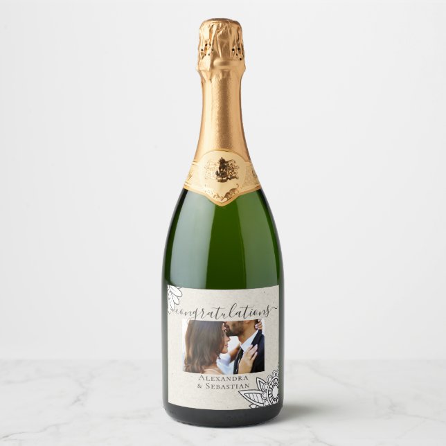 Grey White Tan Floral Congratulations Wedding Sparkling Wine Label (Front)