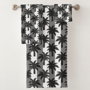 Grey White Tropical Palm Trees Stripes Design  Bath Towel Set