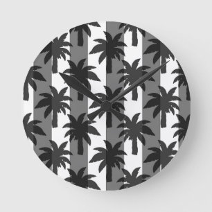 Grey White Tropical Palm Trees Stripes Design Round Clock