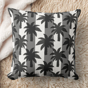 Grey White Tropical Palm Trees Stripes Design Throw Pillow