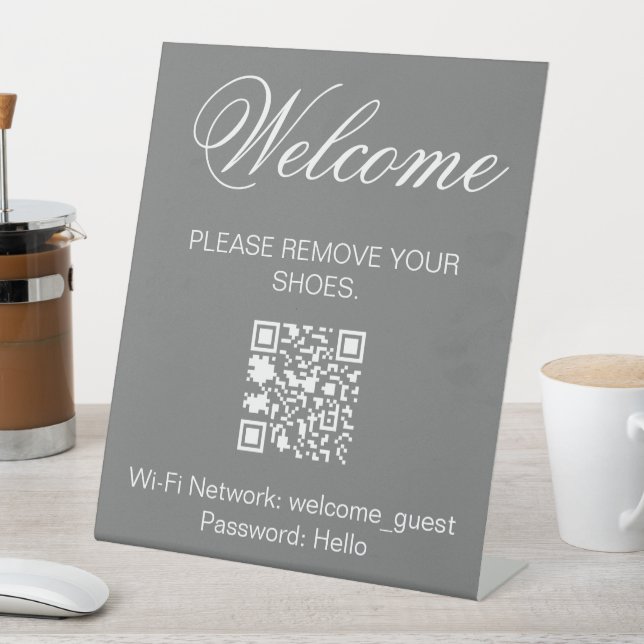 Grey White Welcome Remove Shoes QR Wi-fi Pedestal Sign (In SItu)