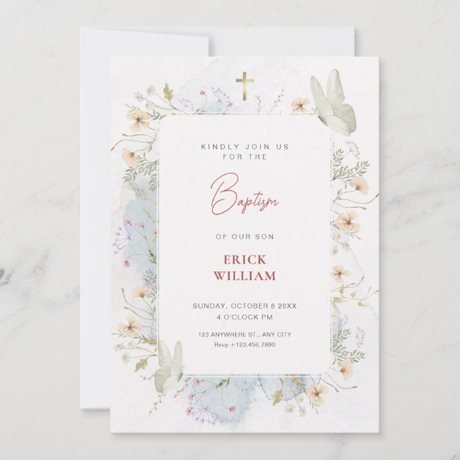 Grey white wildflowers watercolor baptism invitation (Front)