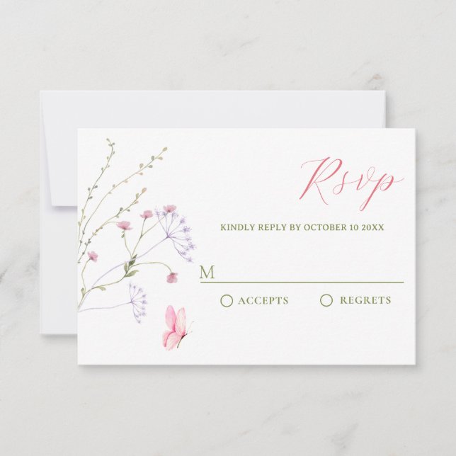Grey white wildflowers watercolor  RSVP card (Front)