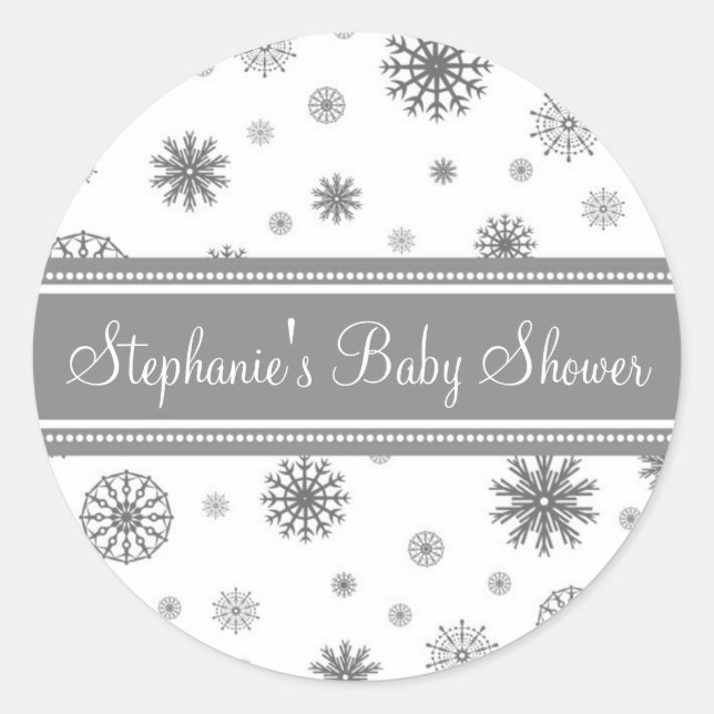 Grey White Winter Baby Shower Favor Stickers (Front)