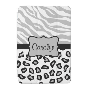 Grey White Zebra Leopard Skin Name Personalized iPad Mini Cover
