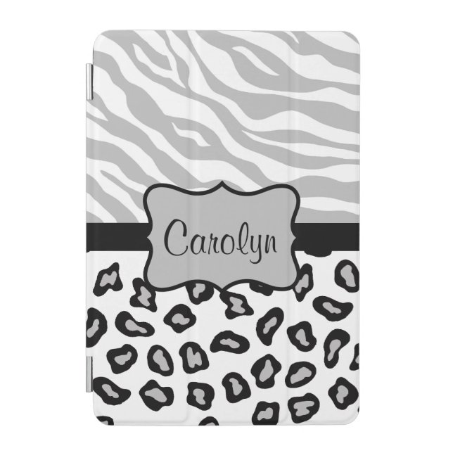 Grey White Zebra Leopard Skin Name Personalized iPad Mini Cover (Front)