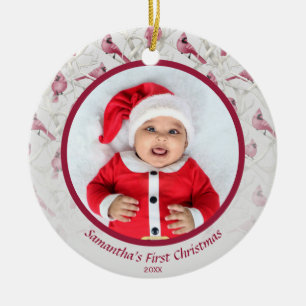 Grey Winter Cardinal Baby Personalized Photo Ceramic Ornament