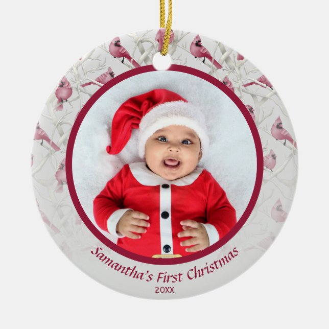 Grey Winter Cardinal Baby Personalized Photo Ceramic Ornament (Front)