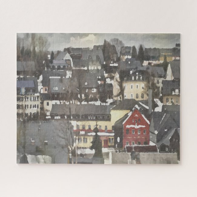 Grey Winter Village and One Red House Digital Oil