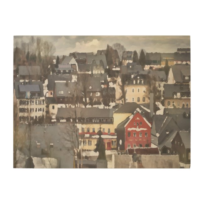 Grey Winter Village and One Red House Digital Oil