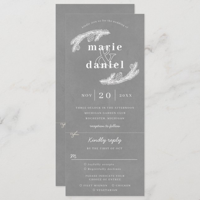 Grey winter wedding invitation w rsvp attached (Front/Back)