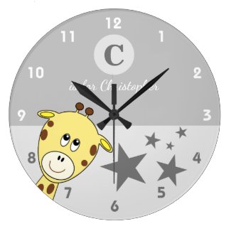 Grey with a cute giraffe stars baby name large clock