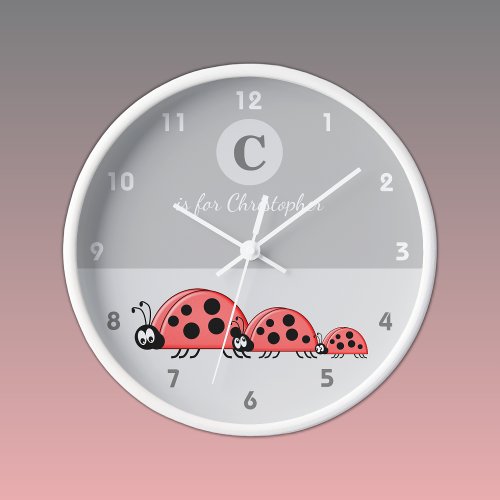 Grey with a cute ladybird family baby name clock