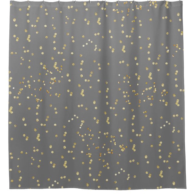 Grey with gold confetti scattered polka dots shower curtain (Front)