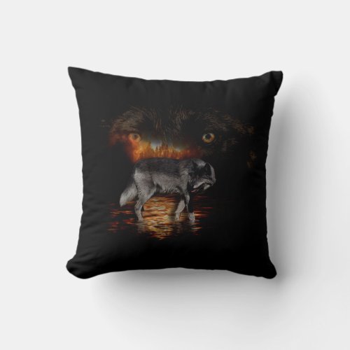  Grey Wolf and Wildfire Design  Fleece Blanket Throw Pillow