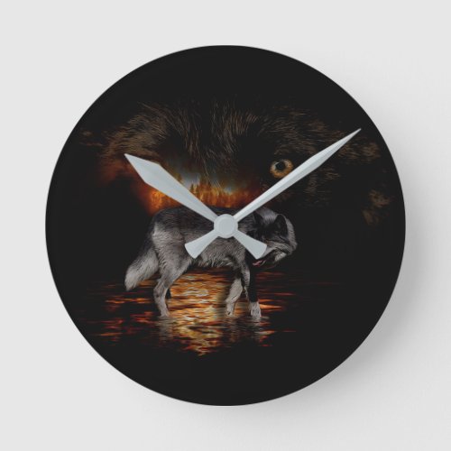 Grey Wolf and Wildfire Design Round Clock