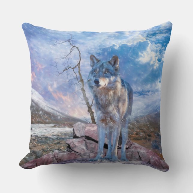 Grey Wolf "ANSWER THE WINTER CALL" Throw Pillow (Front)