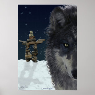 Grey Wolf, Arctic Inukshuk & Stars Art Poster