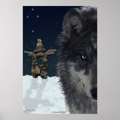 Grey Wolf Arctic Inukshuk  Stars Art Poster