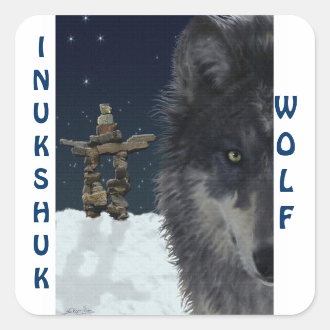 GREY WOLF & ARCTIC INUKSHUK Wildlife Supporter Art Square Sticker (Front)
