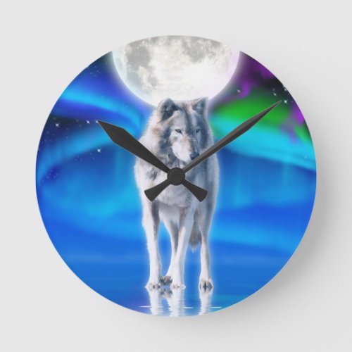 Grey Wolf  Aurora Moon Wildlife Art Clock