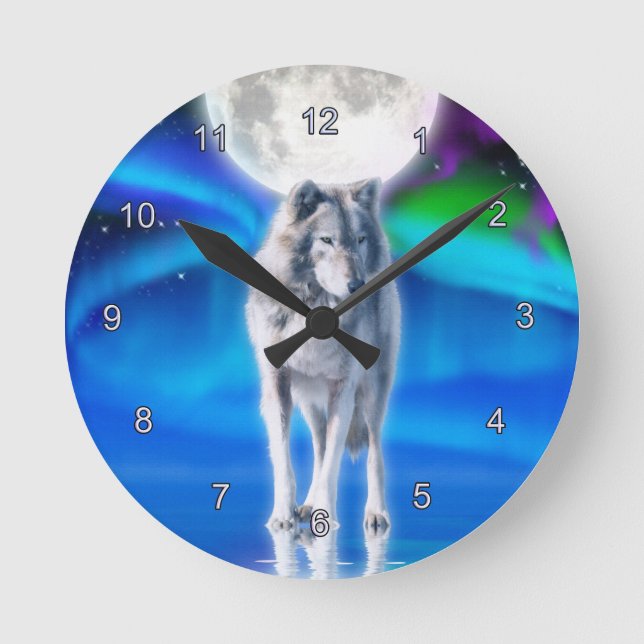 Grey Wolf & Aurora Moon Wildlife Art Clock (Front)