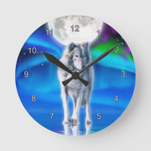 Grey Wolf & Aurora Moon Wildlife Art Clock
