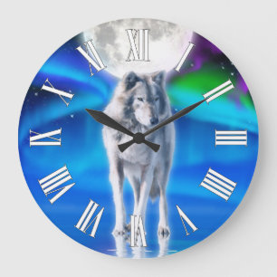 Grey Wolf & Aurora Moon Wildlife Art Clock