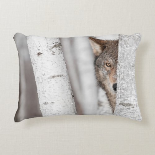 Grey Wolf Canis lupus Behind Tree Decorative Pillow