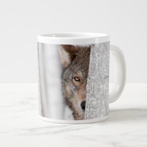 Grey Wolf Canis lupus Behind Tree Giant Coffee Mug