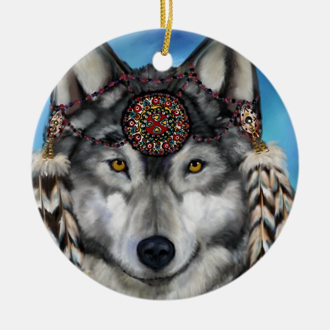 GREY WOLF CERAMIC ORNAMENT (Front)