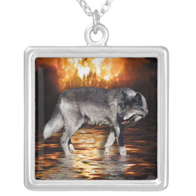 Grey Wolf Fire Flames Necklace (Front)