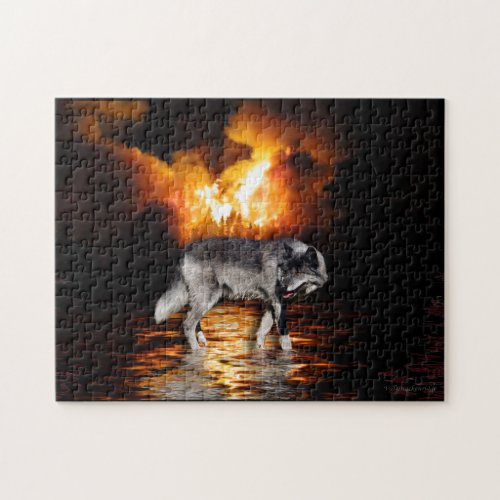 Grey Wolf Fire Flames Wild Animal Puzzle