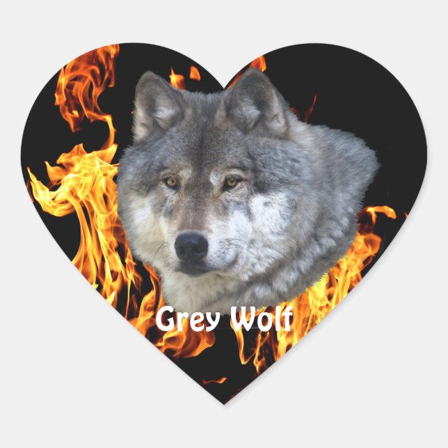 GREY WOLF & FOREST FIRE Wildlife Supporter Heart Sticker (Front)