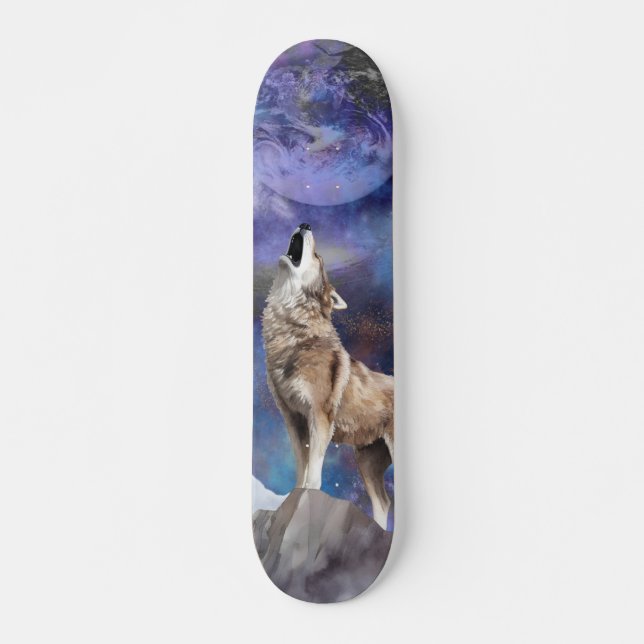 Grey Wolf Howling at the Moon Skate Deck (Front)