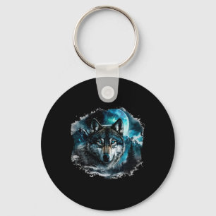 Grey Wolf Hunting Ground Icy Moon Forest Galaxy Keychain