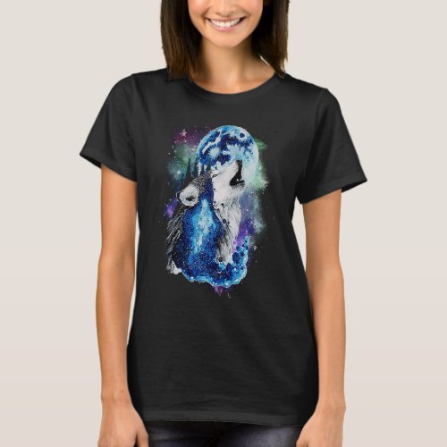 Grey Wolf Hunting Ground Icy Moon Forest Galaxy T_Shirt