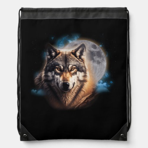 Grey Wolf Hunting Ground Icy Moon Forest Galaxy Wi Drawstring Bag